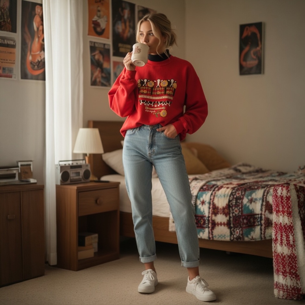 P.S. Originals 90s Vintage Red Cows in Meadow Sunflowers Sweatshirt Sweater Sz L